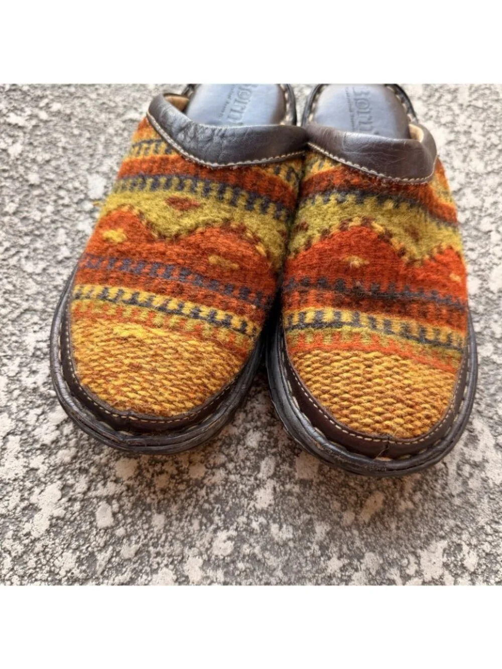 Born Womens Clogs shoes Size 6 Wool Leather Handmade Guc Print Y2K Vintage